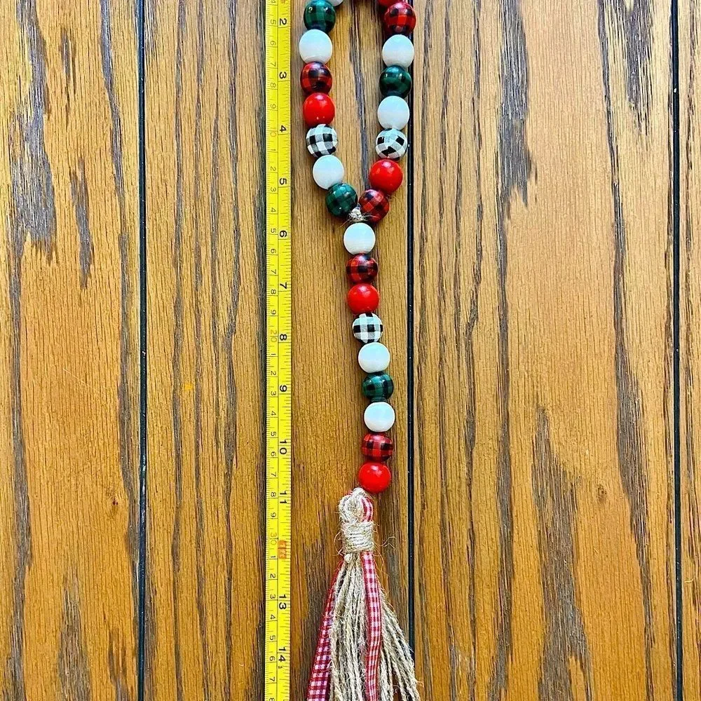NEW Wood Bead Garland with Plaid Tassels